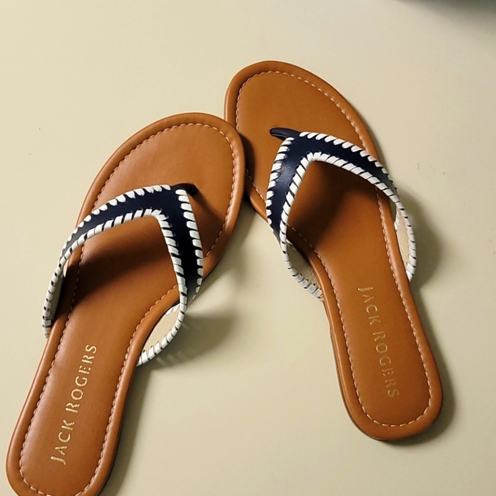 Jack Rogers blue & white Thelma slides NIB Sz 9